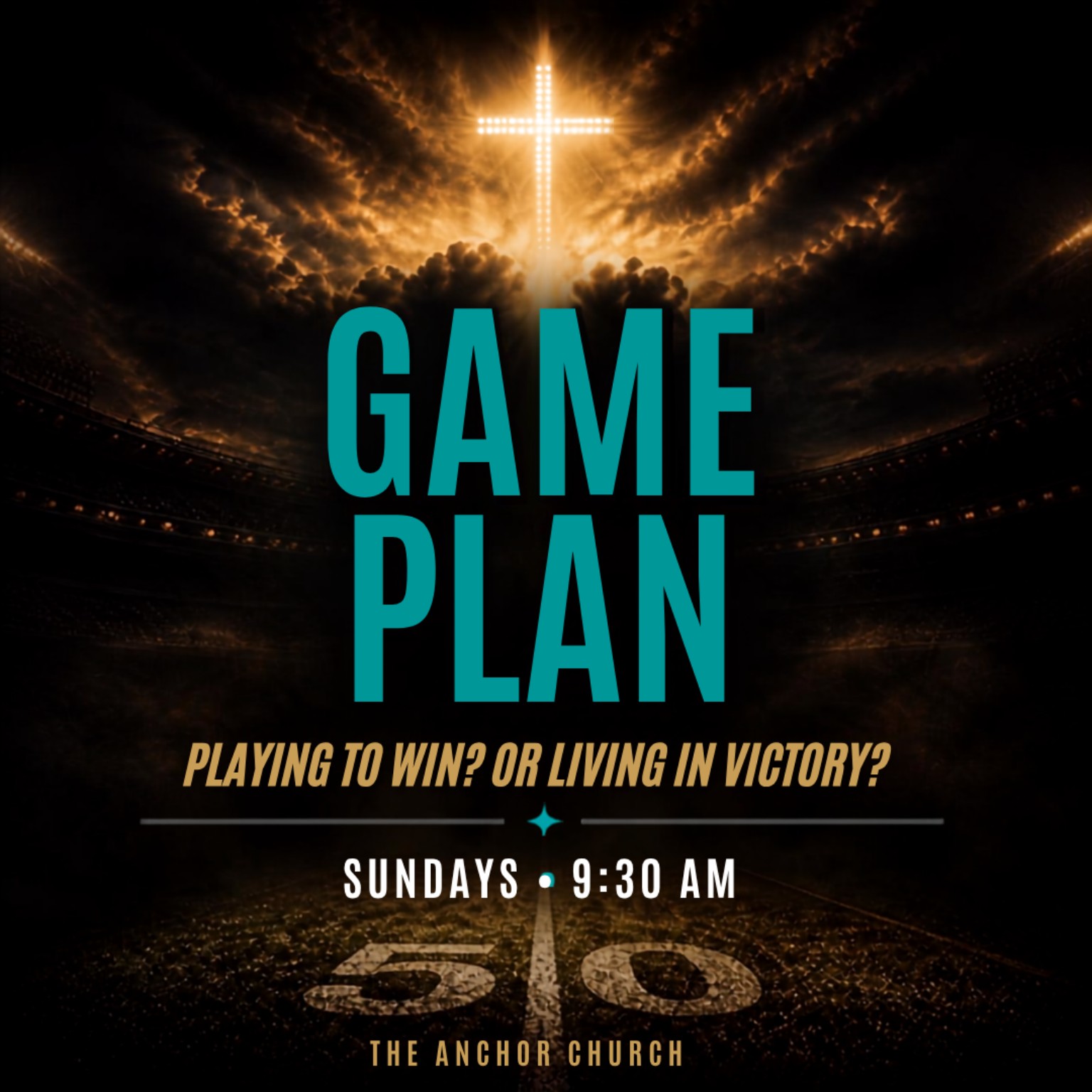 Game Plan graphic with an illuminated cross above a football field